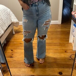 American Eagle Super High Rise flare, distressed denim. Worn once